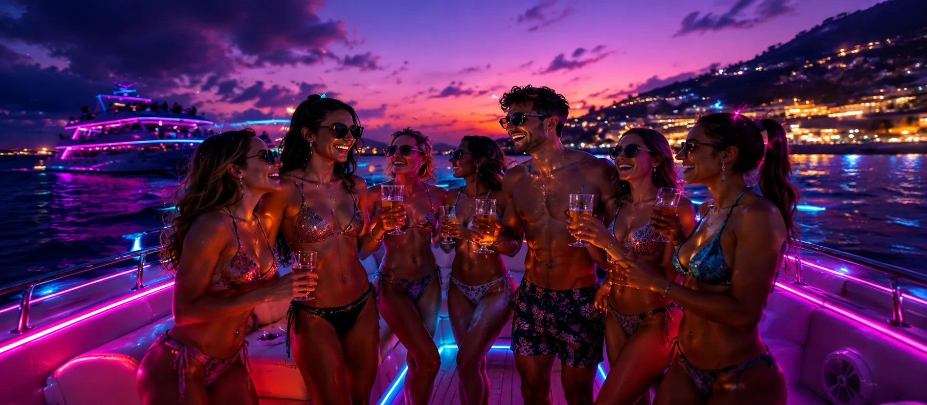Guests celebrating on the boat at night with neon lights