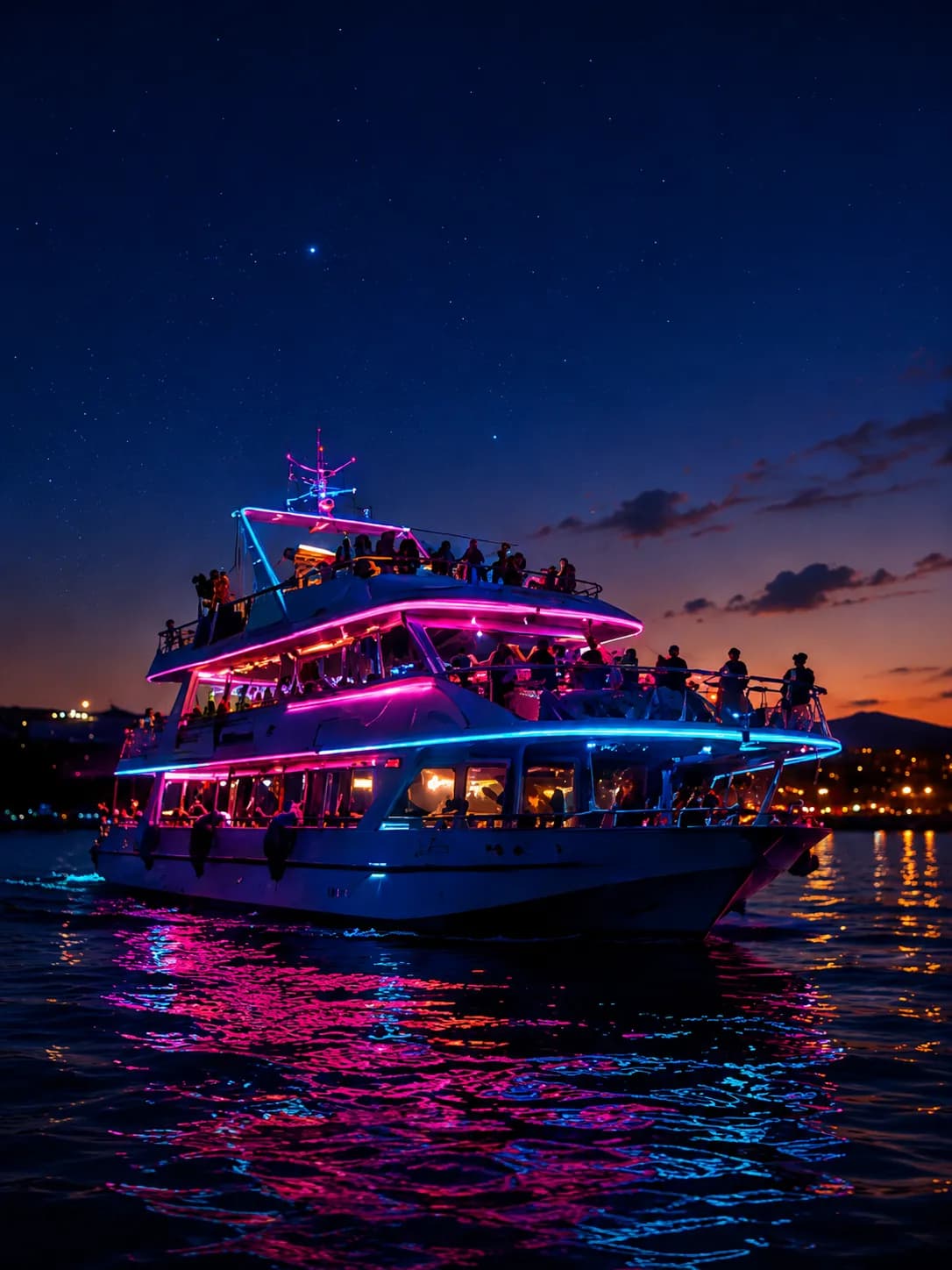 The boat lit up with neon lights at night